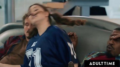 ADULT TIME - insatiable Leana Lovings almost CAUGHT riding Stepdad's hottest Buddies! OPEN gullet facial