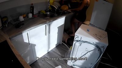nasty wife entices a plumber in the kitchen while her husband at work.