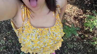 steamy chubby milf showing her hairy slit and masturbate in a deepth of the forest outdoor!